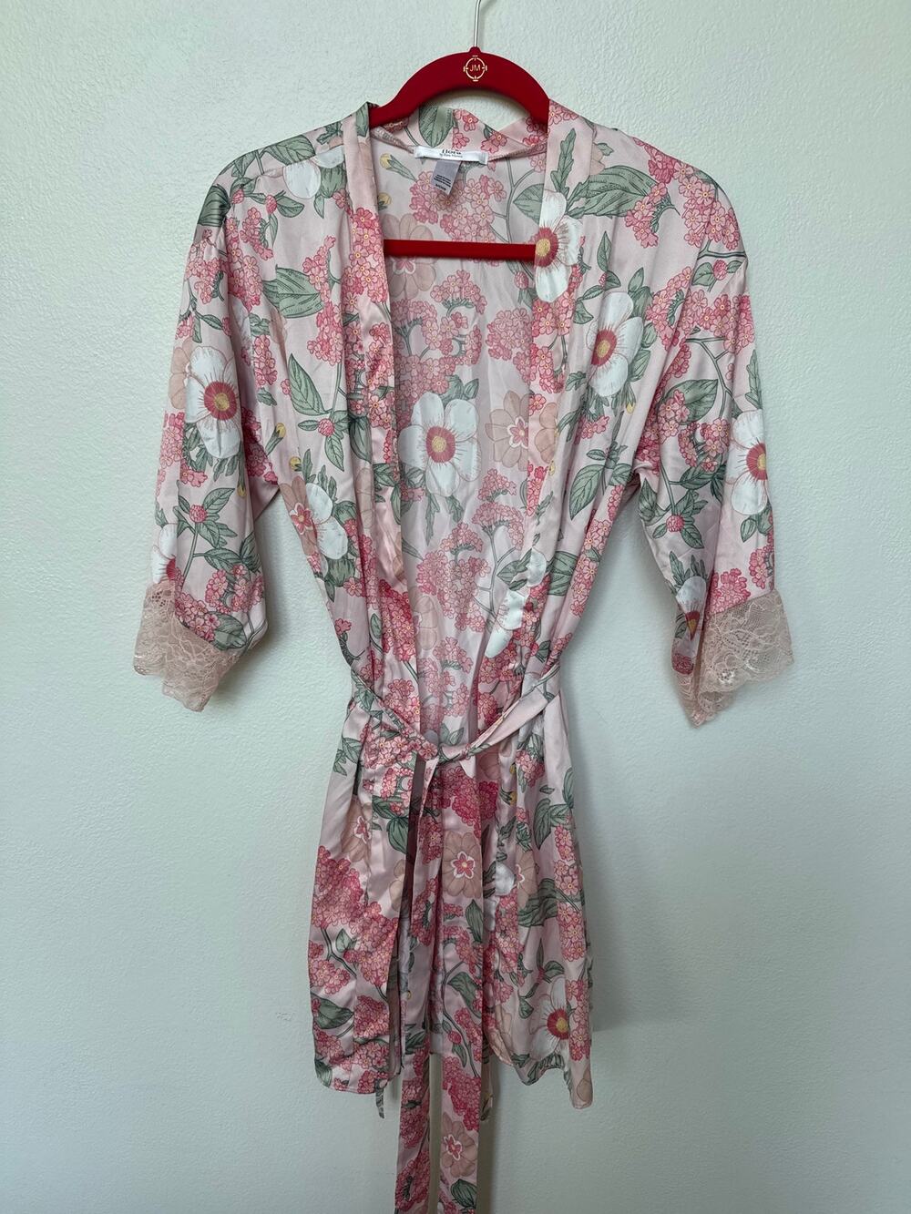 Flora by Flora Nikrooz Floral Satin Lace Trim Kimono Robe Pink Womens Size Small
